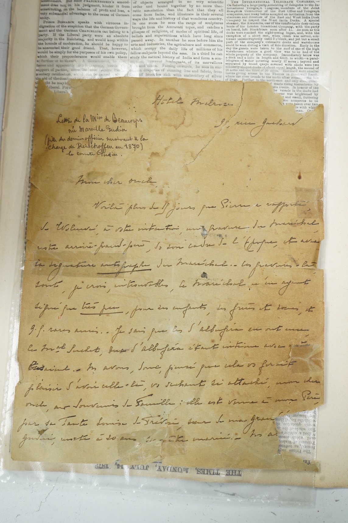 Two late 19th century Sevres campaign plates from a dining set owned by Marshall Edouard Mortier, Duke of Trevise, and later Prime Minister of France, together with a related letter dated 1928 from a descendant mentionin